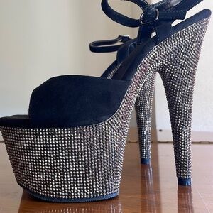 Pleaser Bejeweled Black Leather Rhinestone Platform 709DM Heels